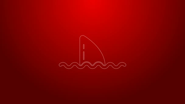 Línea verde Aleta de tiburón en el icono de la ola oceánica aislada sobre fondo rojo. Animación gráfica de vídeo 4K — Vídeo de stock