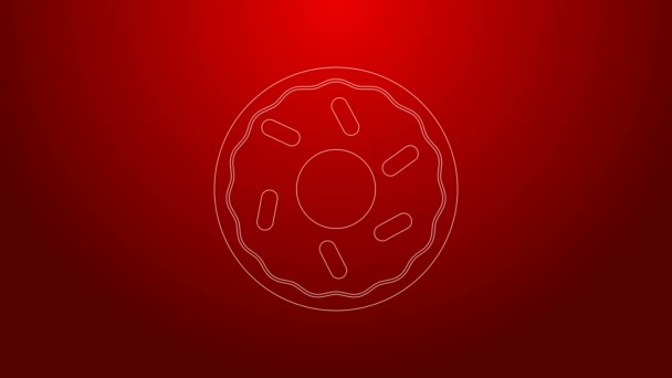 Green line Donut with sweet glaze icon isolated on red background. 4K Video motion graphic animation — Stock Video