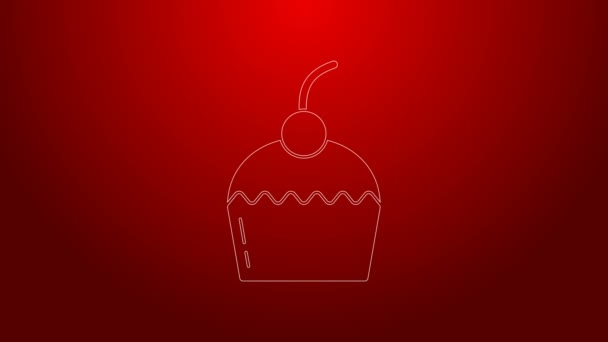 Green line Cake icon isolated on red background. Happy Birthday. 4K Video motion graphic animation — Stock Video