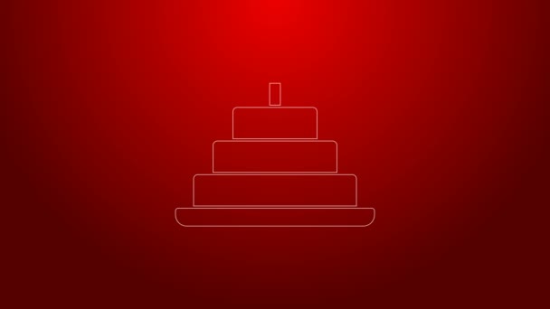 Pastel de línea verde con icono de velas encendidas aisladas sobre fondo rojo. Feliz Cumpleaños. Animación gráfica de vídeo 4K — Vídeos de Stock