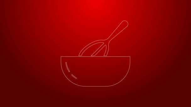 Ligne verte Cuisine fouet et bol icône isolé sur fond rouge. Ustensiles de cuisine, batteur d'oeufs. Panneau couverts. Symbole de mélange alimentaire. Animation graphique de mouvement vidéo 4K — Video