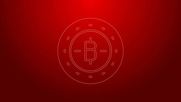 Green line Cryptocurrency coin Bitcoin icon isolated on red background. Physical bit coin. Blockchain based secure crypto currency. 4K Video motion graphic animation — Stock Video