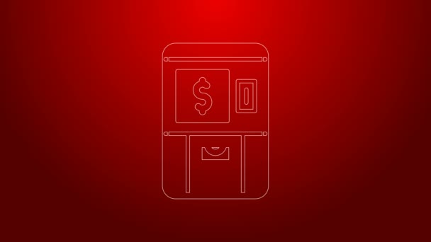 Línea verde ATM - Cajero automático y dinero icono aislado sobre fondo rojo. Animación gráfica de vídeo 4K — Vídeos de Stock