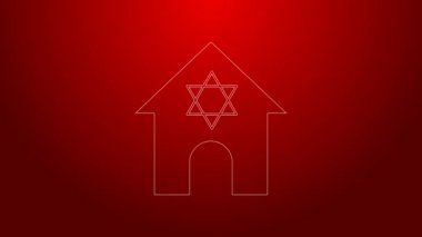 Yeşil çizgi Yahudi sinagogu binası ya da kırmızı arka planda izole edilmiş Yahudi tapınağı ikonu. David Star 'la İbranice ya da Yahudilik inşaatı. 4K Video hareketli grafik canlandırması