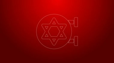 Yeşil çizgi Yahudi sinagogu binası ya da kırmızı arka planda izole edilmiş Yahudi tapınağı ikonu. David Star 'la İbranice ya da Yahudilik inşaatı. 4K Video hareketli grafik canlandırması