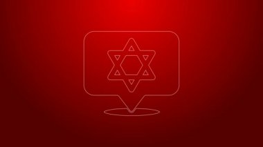 Yeşil çizgi David 'in Yıldızı simgesi kırmızı arkaplanda izole edildi. Yahudi dini sembolü. İsrail 'in sembolü. 4K Video hareketli grafik canlandırması