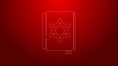 Kırmızı arka planda izole edilmiş yeşil çizgi Yahudi torah kitap ikonu. Musa 'nın Pentateuch' u. İncil 'in kapağında Davut Yıldızı' nın resmi var. 4K Video hareketli grafik canlandırması