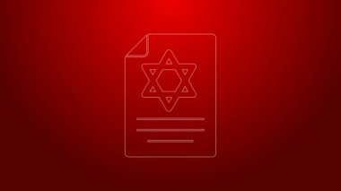 Yeşil çizgi Tevrat kaydırma simgesi kırmızı arkaplanda izole edildi. Genişletilmiş Yahudi Tevrat 'ı. David 'in Yıldızı sembolü. Eski parşömen tomarı. 4K Video hareketli grafik canlandırması