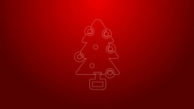 Kırmızı zemin üzerinde süsleme simgesi olan yeşil çizgi Noel ağacı. Mutlu Noeller ve mutlu yıllar. 4K Video hareketli grafik canlandırması