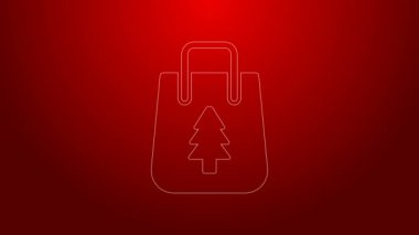 Yeşil çizgi, kırmızı arka planda izole edilmiş bir Noel poşeti ikonu. Paket işareti. Mutlu Noeller ve mutlu yıllar. 4K Video hareketli grafik canlandırması
