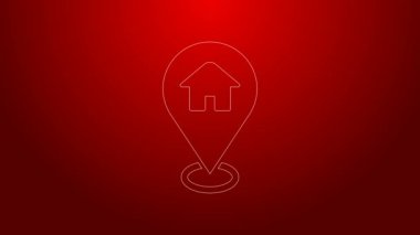 Kırmızı arkaplanda ev simgesi olan yeşil çizgi haritası işaretçisi. Ev konumu belirleyici sembol. 4K Video hareketli grafik canlandırması