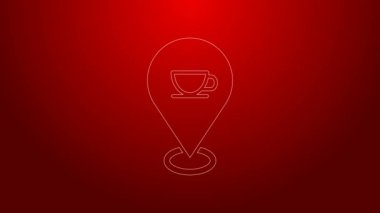 Kırmızı arka planda kahve fincanı simgesi olan yeşil çizgi konumu. 4K Video hareketli grafik canlandırması