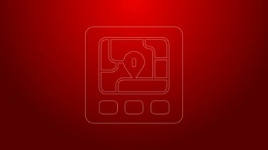 Kırmızı arkaplanda harita simgesine sahip yeşil çizgi GPS cihazı. 4K Video hareketli grafik canlandırması