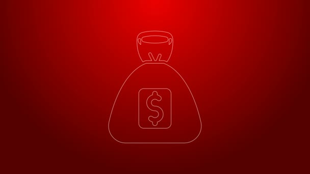 Zelená čára Peníze taška ikona izolované na červeném pozadí. Symbol dolaru nebo USD. Cash Banking currency sign. Grafická animace pohybu videa 4K — Stock video