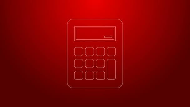 Icono de la calculadora de línea verde aislado sobre fondo rojo. Símbolo contable. Cálculos de negocio matemáticas educación y finanzas. Animación gráfica de vídeo 4K — Vídeos de Stock