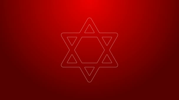 Línea verde Estrella de David icono aislado sobre fondo rojo. Símbolo religioso judío. Símbolo de Israel. Animación gráfica de vídeo 4K — Vídeo de stock