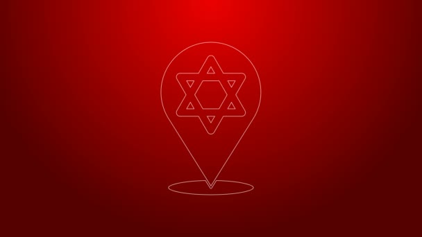 Green line Star of David icon isolated on red background. Jewish religion symbol. Symbol of Israel. 4K Video motion graphic animation — Stock Video