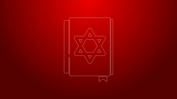 Groene lijn Joodse torah boek pictogram geïsoleerd op rode achtergrond. Pentateuch van Mozes. Op de omslag van de Bijbel staat het beeld van de Davidster. 4K Video motion grafische animatie — Stockvideo