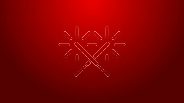 Grön linje Sparkler fyrverkeri ikon isolerad på röd bakgrund. Festlig jul glitter ljus ljus. God Jul och Gott Nytt År. 4K Video motion grafisk animation — Stockvideo