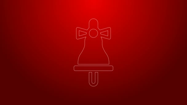 Línea verde Feliz Navidad timbre campana icono aislado sobre fondo rojo. Símbolo de alarma, campana de servicio, señal de timbre, notificación. Animación gráfica de vídeo 4K — Vídeo de stock