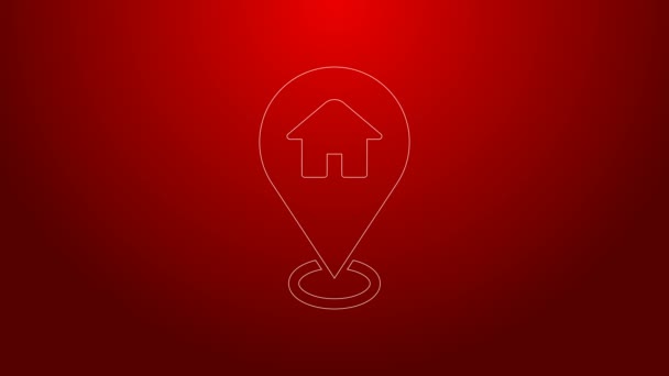 Zelená čára Ukazatel mapy s ikonou domu izolované na červeném pozadí. Značkový symbol domovské polohy. Grafická animace pohybu videa 4K — Stock video