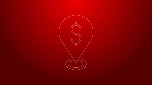 Grüne Linie Cash-Standort-Pin-Symbol isoliert auf rotem Hintergrund. Zeiger und Dollarsymbol. Geldstandort. Geschäfts- und Investitionskonzept. 4K Video Motion Grafik Animation — Stockvideo
