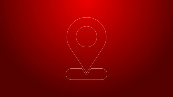 Línea verde Icono de pin de mapa aislado sobre fondo rojo. Navegación, puntero, ubicación, mapa, GPS, dirección, lugar, brújula, concepto de búsqueda. Animación gráfica de vídeo 4K — Vídeos de Stock