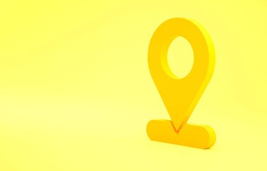 Sarı Harita iğne simgesi sarı arkaplanda izole edildi. Navigasyon, işaret, konum, harita, GPS, yön, yer, pusula, arama konsepti. Minimalizm konsepti 3d illüstrasyon 3D canlandırma