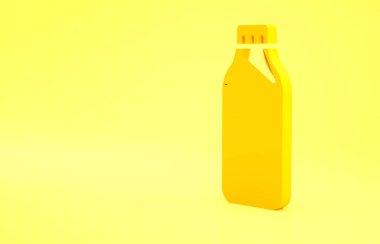 Çamaşır deterjanı, çamaşır suyu, bulaşık deterjanı ya da sarı arka planda izole edilmiş başka bir temizlik maddesi ikonu için sarı plastik şişe. Minimalizm kavramı. 3d illüstrasyon 3B canlandırma.