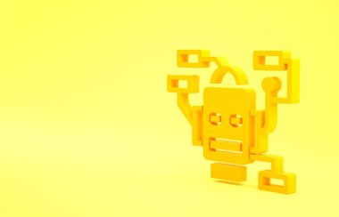 Sarı arka planda izole edilmiş sarı robot simgesi. Yapay zeka, makine öğrenme, bulut hesaplama. Minimalizm kavramı. 3d illüstrasyon 3B canlandırma.