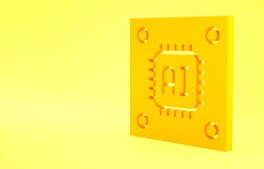 Sarı Bilgisayar işlemci ve mikro devre işlemci simgesi sarı arka planda izole edildi. Devre kartı işaretli çip ya da işlemci. Mikro işlemci. Minimalizm kavramı. 3d illüstrasyon 3B canlandırma.