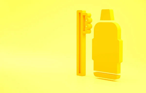 黄色の背景に隔離されたペットのアイコンのための歯科衛生 歯ブラシと歯磨き粉 歯の洗浄 最小限の概念 3Dイラスト3Dレンダリング — ストック写真