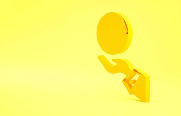 Żółte Ludzkie Dłonie Trzymające Ziemską Ikonę Globu Żółtym Tle Zachowaj — Zdjęcie stockowe