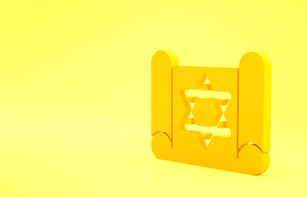 黄色的托拉滚动图标孤立在黄色的背景 扩大形式的犹太托拉 大卫之星的象征 旧羊皮纸卷轴最低纲领的概念 3D渲染3D插图 — 图库照片