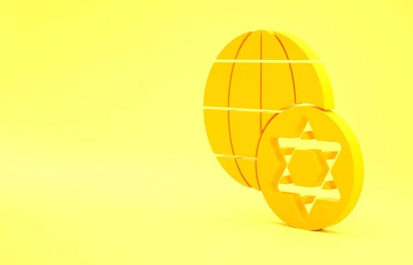 黄色的世界地球和以色列的图标孤立在黄色的背景上 最低纲领的概念 3D渲染3D插图 — 图库照片