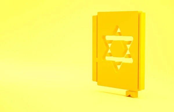 Yellow Jewish torah book icon isolated on yellow background. Pentateuch of Moses. On the cover of the Bible is the image of the Star of David. Minimalism concept. 3d illustration 3D render.