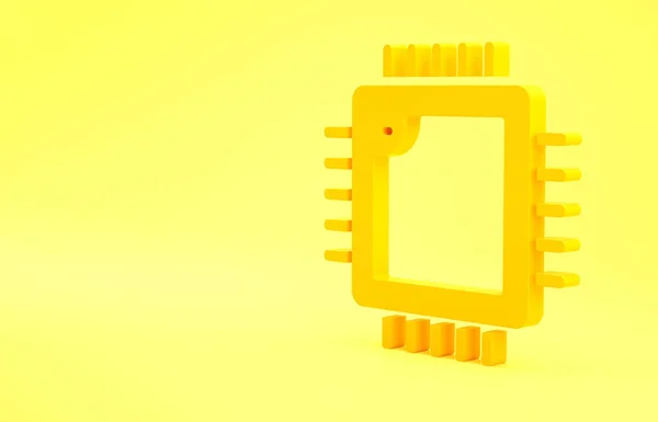 Yellow Computer processor with microcircuits CPU icon isolated on yellow background. Chip or cpu with circuit board. Micro processor. Minimalism concept. 3d illustration 3D render.