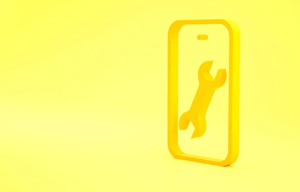 Желтый Мобильный Телефон Гаечным Ключом Выделенным Желтом Фоне Регулировка Обслуживание — стоковое фото