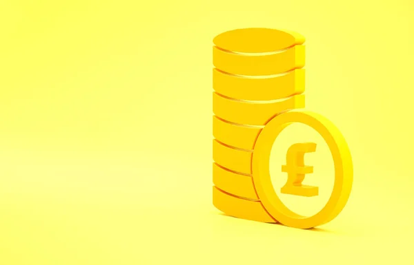 Yellow Coin money with pound sterling symbol icon isolated on yellow background. Banking currency sign. Cash symbol. Minimalism concept. 3d illustration 3D render.