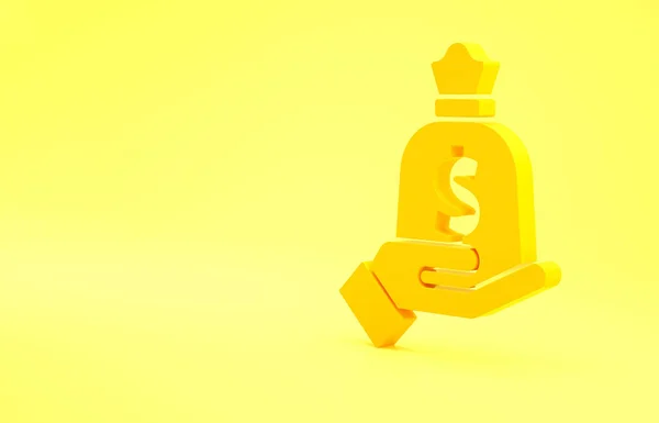 Žlutá Ruka Drží Peníze Taška Ikona Izolované Žlutém Pozadí Symbol — Stock fotografie