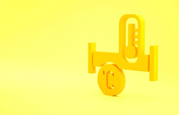 黄色産業金属パイプと黄色の背景に隔離された温度アイコン 異なる形状の配管パイプライン部品 最小限の概念 3Dイラスト3Dレンダリング — ストック写真