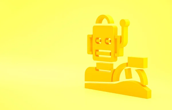 黄色机器人人形驾驶的汽车图标孤立在黄色背景 人工智能 机器学习 云计算 最低纲领的概念 3D渲染3D插图 — 图库照片