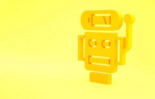 黄色机器人低电池充电图标隔离在黄色背景 人工智能 机器学习 云计算 最低纲领的概念 3D渲染3D插图 — 图库照片