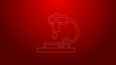 Kırmızı arkaplanda yeşil çizgi mikroskop simgesi izole edildi. Kimya, ilaç aleti, mikrobiyoloji büyütme aracı. 4K Video hareketli grafik canlandırması