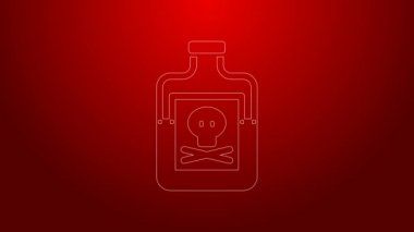 Kırmızı arka planda yeşil çizgi ikonundaki zehir izole edildi. Bir şişe zehir ya da zehirli kimyasal toksin. 4K Video hareketli grafik canlandırması