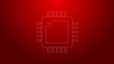Kırmızı zemin üzerinde mikro devreli işlemci simgesi olan yeşil çizgi bilgisayar işlemcisi. Devre kartlı çip ya da işlemci. Mikro işlemci. 4K Video hareketli grafik canlandırması