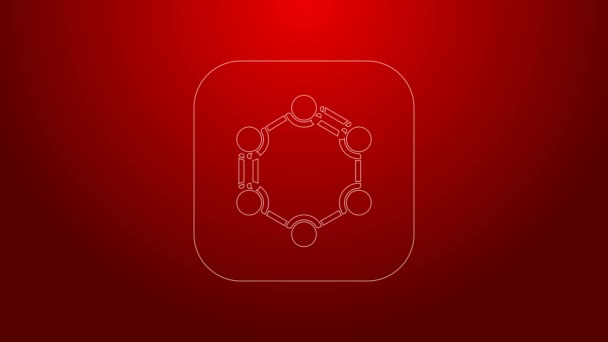 Línea verde Fórmula química que consiste en anillos de benceno icono aislado sobre fondo rojo. Animación gráfica de vídeo 4K — Vídeos de Stock