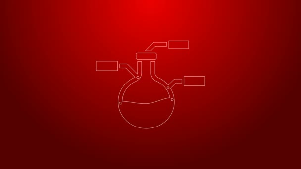 Línea verde Tubo de ensayo y matraz químico icono de prueba de laboratorio aislado sobre fondo rojo. Signo de cristalería del laboratorio. Animación gráfica de vídeo 4K — Vídeo de stock