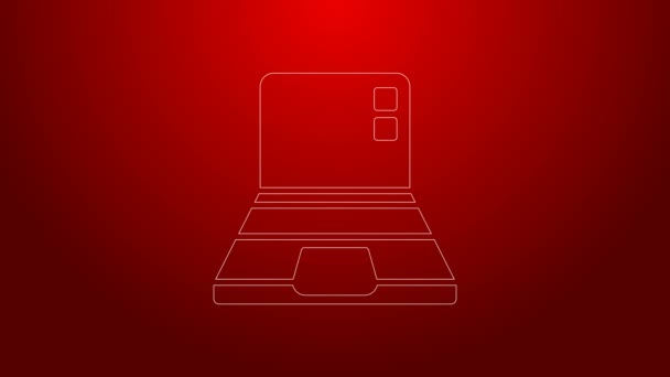 Linea verde icona del computer portatile isolato su sfondo rosso. Quaderno del computer con segno dello schermo vuoto. Animazione grafica 4K Video motion — Video Stock