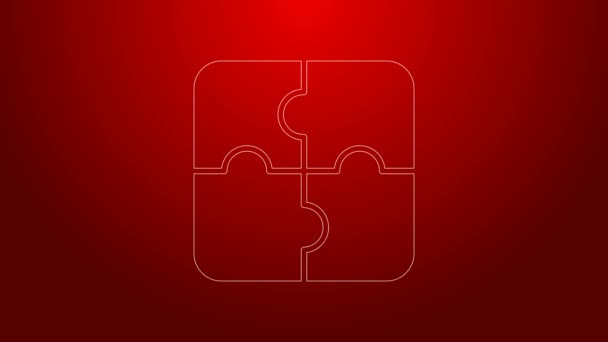 Zelená čára Kousek puzzle ikona izolované na červeném pozadí. Obchod, marketing, finance, šablony, dispozice, infografika, internetový koncept. Grafická animace pohybu videa 4K — Stock video